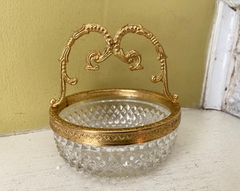 Crystal Hobnail Glass Dish with Ornate Gold Metal Handle | Trinket Candy Bowl