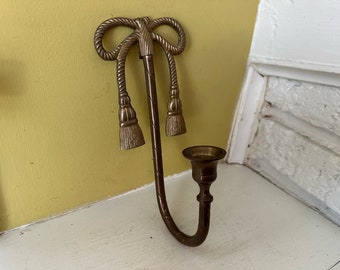 Brass Bow Tassels Candle Sconce Wall Hanging Hanger Vintage Traditional Decor