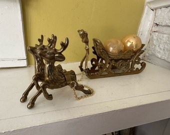 Ornate Brass Reindeer Sleigh Christmas Decor Collectible Ornate Elegant Deer