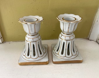 Porcelain White & Gold Candlesticks Candle Holders | Cutout Elegant Traditional Decor | Numbered 6320 | Wedding Catering Party Collectible