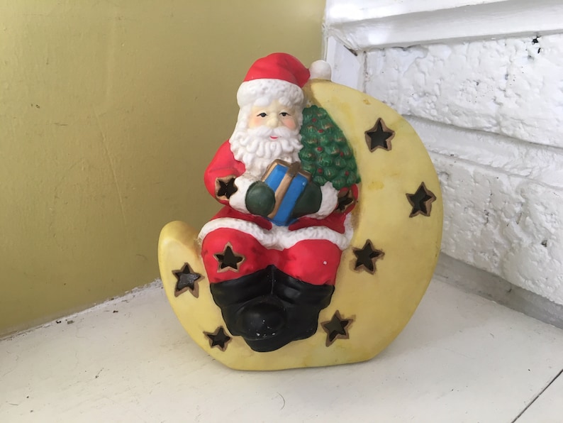 Santa on the Moon Candle Holder Incense Burner / Ceramic Chiminea Luminary Lantern / Vintage Holiday Decor / Crescent Moon Christmas Tree image 1