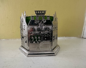 Victorian Houses Silver Metal Green Glass Christmas Holiday Candle Votive Holder