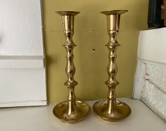 Brass Candlesticks Pair Tall Spindle / Candle Holders Set
