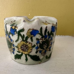 Beautiful Floral Pottery Ashtray Ash Tray Blue Flowers Deep Dish Bowl