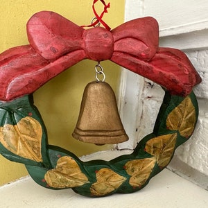 Farmhouse Chic Wooden Christmas Wreath with Hanging Wood Bell image 2