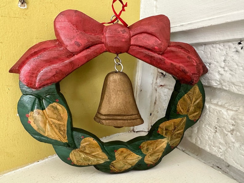 Farmhouse Chic Wooden Christmas Wreath with Hanging Wood Bell image 2