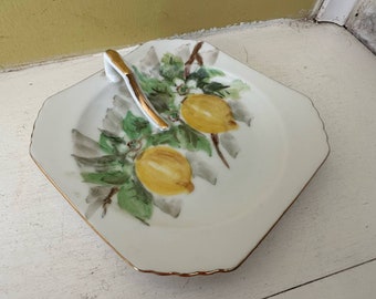 Vintage Handpainted Lemon Nappy Dish Plate PEARL Mark Gold Handle