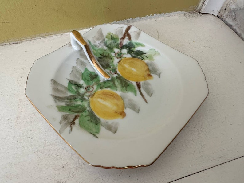 Vintage Handpainted Lemon Nappy Dish Plate PEARL Mark Gold Handle image 1
