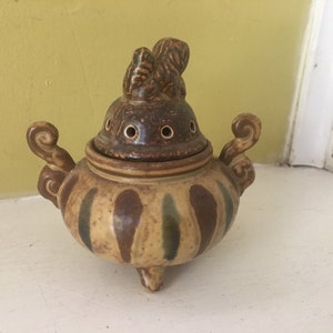 Pottery Foo Dog Incense Burner / Japan Ornate Lid / Miniature Earth Colors / Tea Ceremony