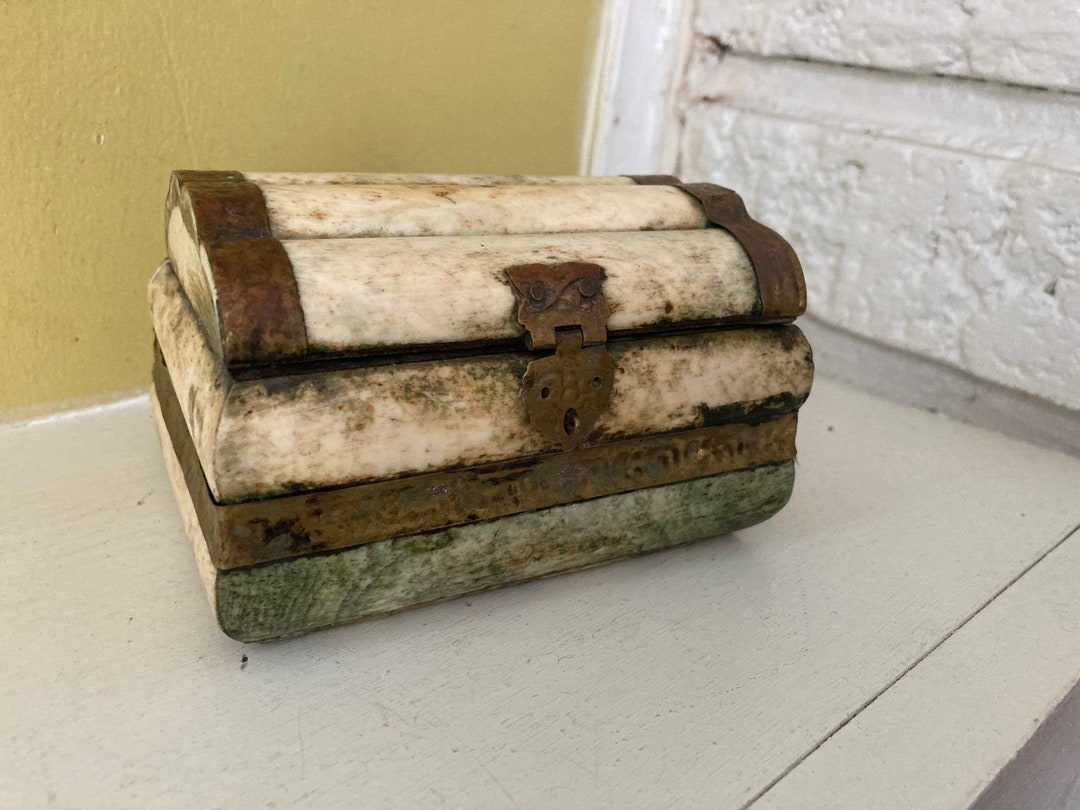 Old Bone and Brass Trinket Box / Treasure Chest Jewelry Container