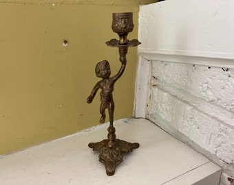 Brass Cherub Candle Candlestick Holder / Ornate Paris Apartment Decor / Angel Putti Child