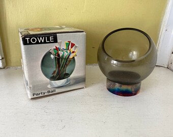 New in Box Towle PARTY-BALL Mid Century Barware Bowl | Multi Use Glass Party Ball Stand Multipurpose | Gray Smoky Glass with Silver Stand