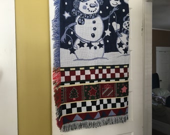 Christmas Throw with Fringe / Blue Snowmen with Checkboard with Holiday Motifs