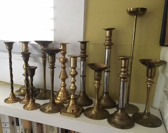 Lot 18 TALL Mismatched Brass Candlesticks / Instant Collection / Wedding Holidays Catering Events