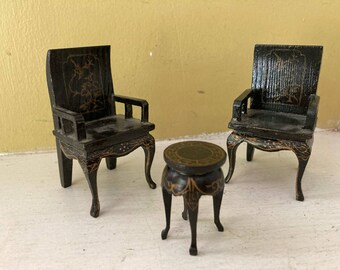Doll House Miniature Black Oriental Style Chairs and Table Wood