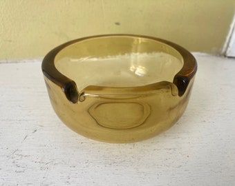 Classic 50's Amber Gold Glass Ashtray / Two Cigarette Cigar Rests / Smoking Room Decor / Thick Glass Executive Personal Ash Tray