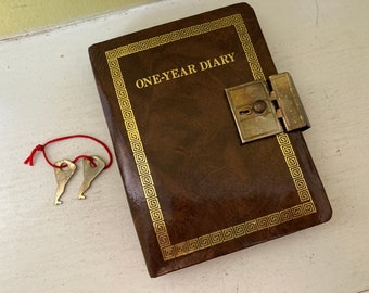 Small Vintage One-Year Diary | Roman Key Brown Marble Cover | Locks and Comes with Original Keys | Pocket Journal Notebook Planner