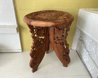 Carved Inlaid Wood Stool Stand / Altar Display Plant Stand / Indian Ethnic / Bohemian Boho Collectible Artisan