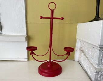 Red Anchor Candle Holder Home Decor | Tealight Candle Stand Display | Nautical Navy Sailor Ship Seaman | Metal Collectible