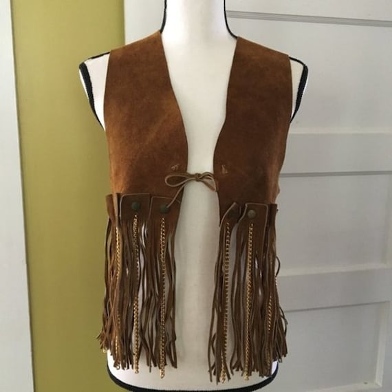 vintage Brown Leather Suede Fringe Chain Vest