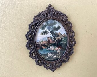 1983 Vintage Artwork in Ornate Metal Oval Frame / Action Industries Made in Italy