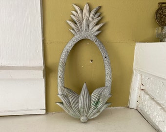 Penco Tall Brass Pineapple Frame Wall Hanging | Hollywood Regency | Gray White Metal Distressed | Vintage Home Decor Renovation Repurpose