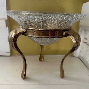 Brass Display Stand with Crackled Glass Bowl Ornate Hollywood Regency