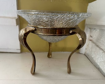 Brass Display Stand with Crackled Glass Bowl Ornate Hollywood Regency