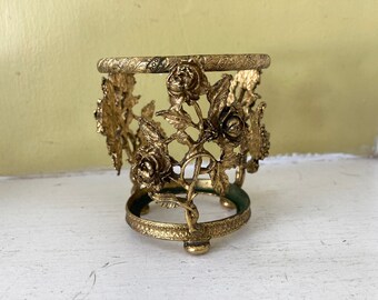 Ornate Flower Metal Display Stand | Sphere Ball Crystal Bowl Candle | Roses on Three Sides | Ornate Feet | Beautiful Collectible