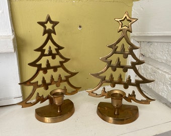 Brass Christmas Tree Candle Holders / Luminary Silhouette / Brass Decor Collectible / Ornate Candlestick Holder Pair Set