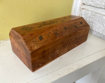 Wood Coffin Box with Brass Inlaid Design Pattern / Bohemian Boho Altar Decor Trinket Chest