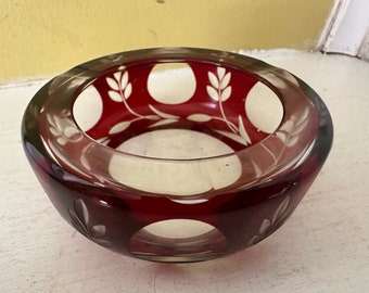 Small Floral Ruby Red Cut to Clear Ashtray Ash Tray Art Glass Crystal
