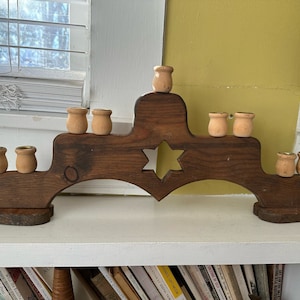 LARGE Wooden Vintage Menorah Star Hannukah Jewish Judaica Kibbutz Primitive
