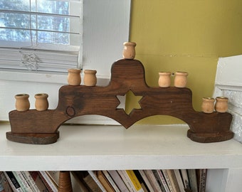 GRANDE Madera Vintage Menorah Estrella Hannukah Judía Judaica Kibbutz Primitivo