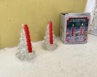 Set of Two Crystal Christmas Tree Candlesticks with Two Candles | New Old Stock | Tiny Holiday Decor Collectibles Candle Holders Pair