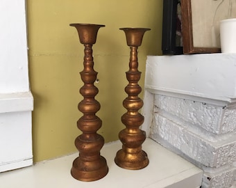 Brass Candlestick Pair / Bubble Candle Holders / Graduated MCM Decor