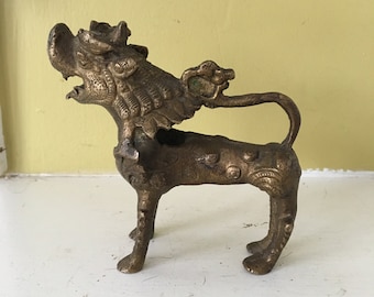 Chinese Foo Dog / Brass Statue / Mythical Chinese Lion / Cast Brass Ornate Temple Dog Statue / Collectible
