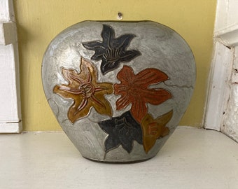 Solid Brass Fall Leaves Enamel Mod Vase | Gray Rust Yellow | Gorgeous Collectible Display Decor