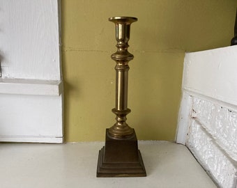 Stately BRASS Pedestal Candlestick Candle Holder | Table Heavy Block Base Spike Insert | Traditional Elegant Classic Decor Office Desk Gift