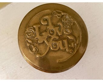 vintage I LOVE YOU Round Brass Trinket Box Container