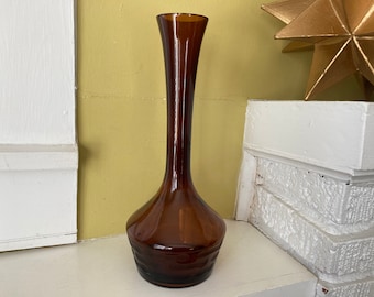 Tall Amber Brown Glass Vase / Pot Belly / Sculptural Artwork Collectible