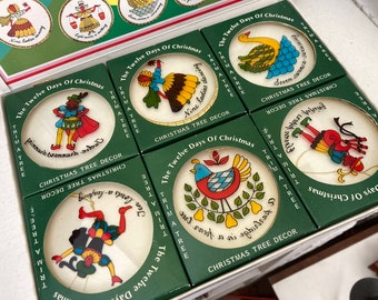 1982 The 12 Days of Christmas | Handpainted Handcrafted Gold Framed Tree Ornaments | Collection Full Complete Set | Holiday Decor