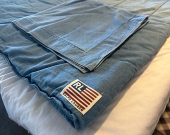 Ralph Lauren Vintage Denim Jean Comforter Twin Size Flag Logo w/ Original Sham