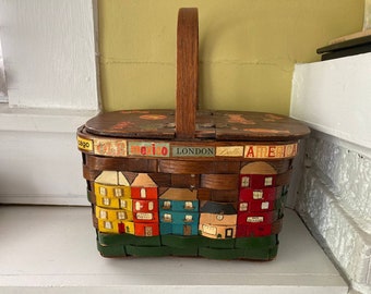 Travel Basket Jane Birkin Box Purse / Hand Painted Houses Colorful Decoupage