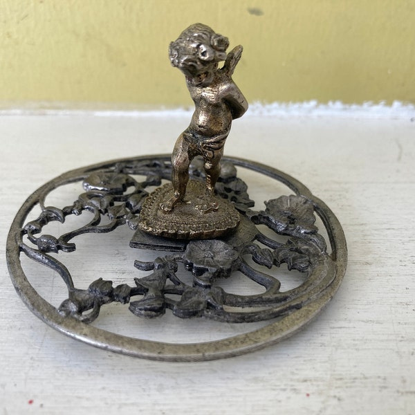 Metzke Pewter Collectible Cherub Heart Valentine's Day | Floral Filagree Figurine Figure Statue Tchotchke | Display Decor Collectible