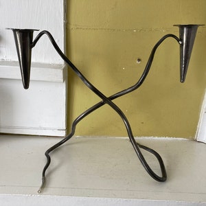 Brutalist Artisan Candlestick Candle Holder Candelabra | Pewter Color Metal Iron | Snake Like Spindly Drop Home Decor Collectible