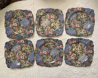 Platos de postre Crown Ducal Ware Chintz Blue Birds, borde negro festoneado, 6 piezas