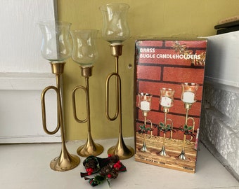 New Old Stock Brass Bugle Horn Candlesticks Candle Holders / Christmas Holiday Decor / Glass Cups Pinecone Bows / New in Box Set of Three