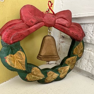 Farmhouse Chic Wooden Christmas Wreath with Hanging Wood Bell image 1