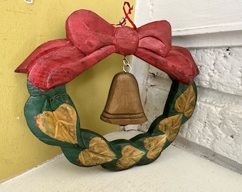 Farmhouse Chic Wooden Christmas Wreath with Hanging Wood Bell